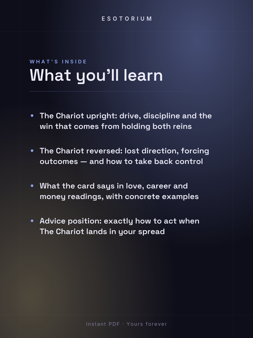 The Chariot — Tarot Card Meaning (Upright & Reversed) — What's inside
