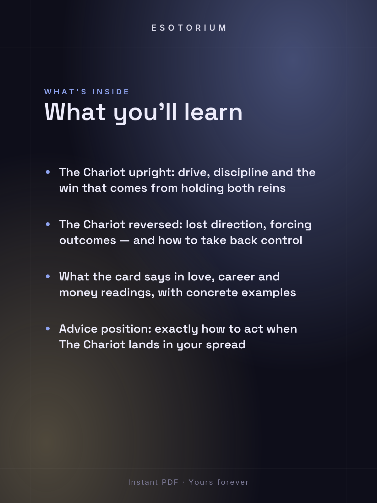 The Chariot — Tarot Card Meaning (Upright & Reversed) — What's inside