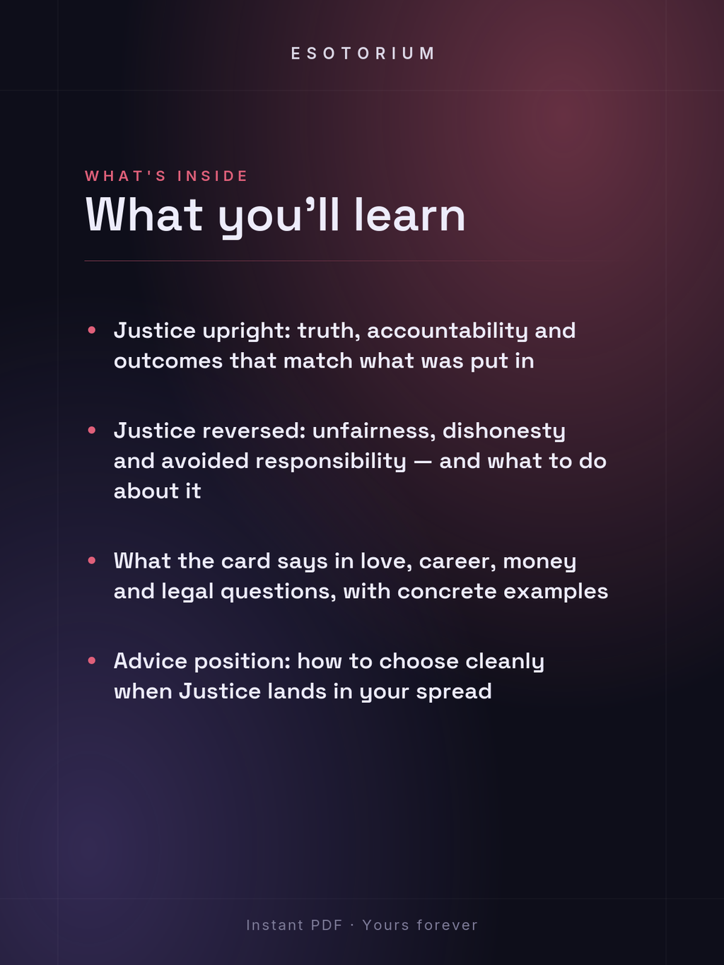 Justice — Tarot Card Meaning (Upright & Reversed) — What's inside