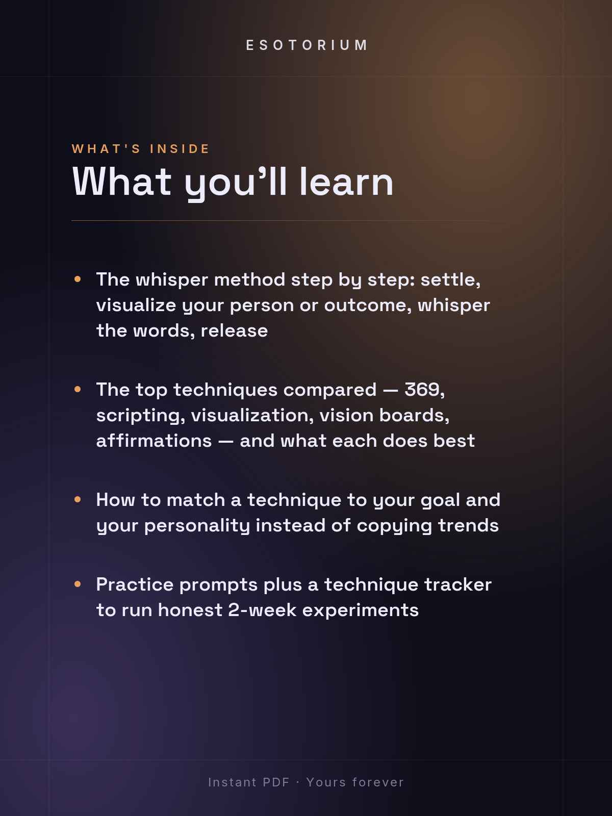 The Whisper Method & Top Manifestation Techniques — what you'll learn