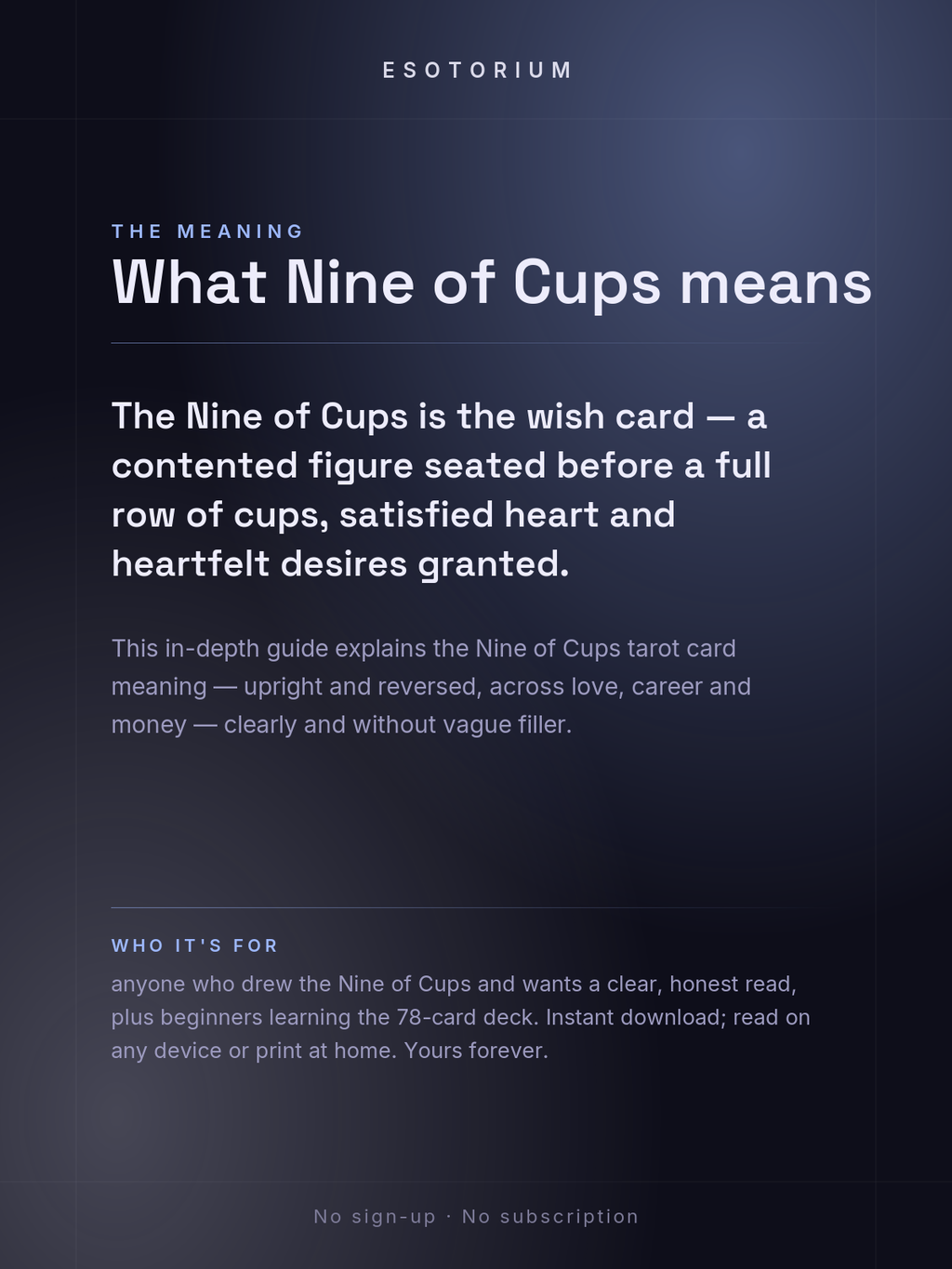 Nine of Cups — Tarot Card Meaning (Upright & Reversed) — Who it's for