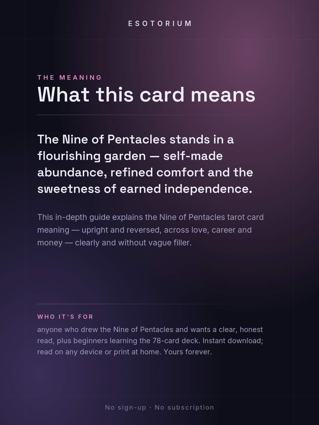 Nine of Pentacles — Tarot Card Meaning (Upright & Reversed) — Who it's for