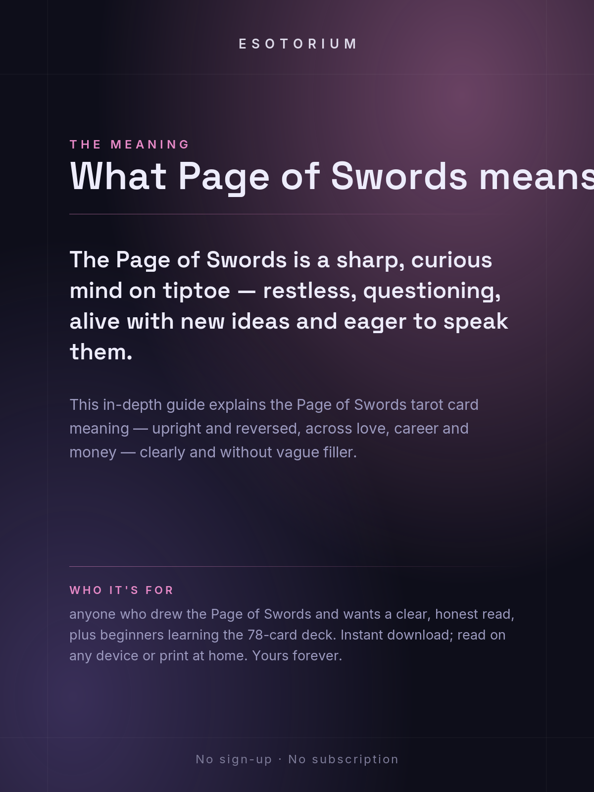 Page of Swords — Tarot Card Meaning (Upright & Reversed) — Who it's for
