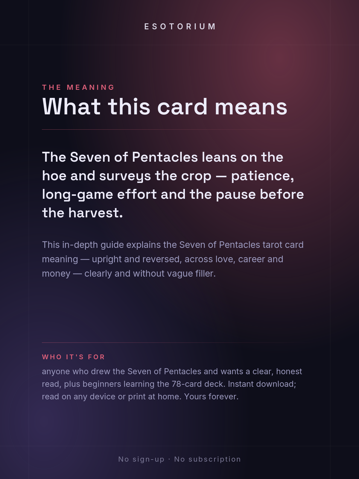 Seven of Pentacles — Tarot Card Meaning (Upright & Reversed) — Who it's for