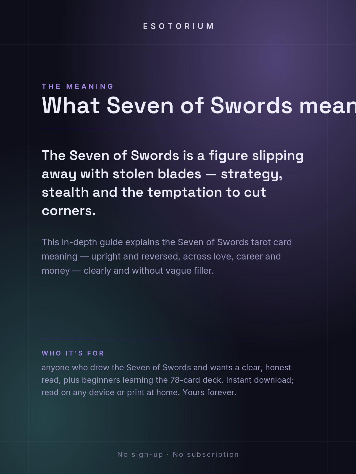 Seven of Swords — Tarot Card Meaning (Upright & Reversed) — Who it's for