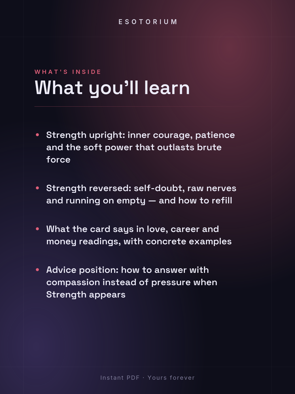 Strength — Tarot Card Meaning (Upright & Reversed) — What's inside