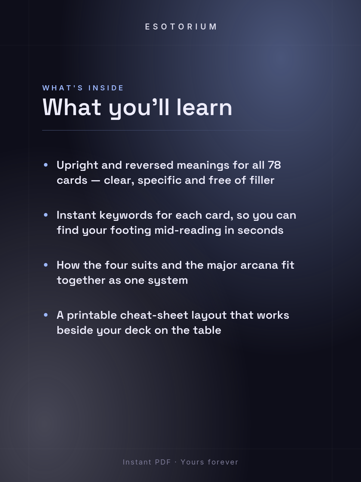 Tarot Card Meanings — Full 78-Card Reference — What's inside