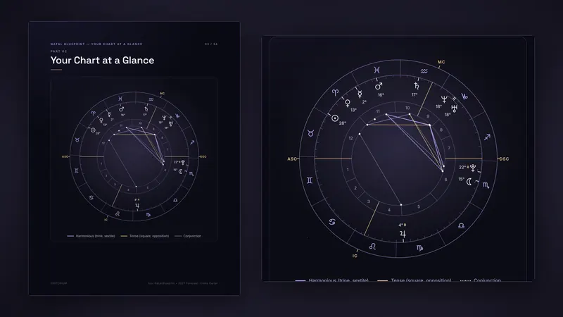 Natal Blueprint sample: chart wheel and table of positions